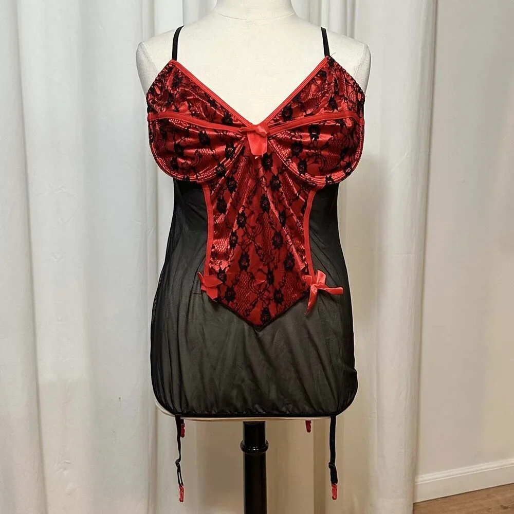 Black Mesh & Red Satin Bustier, 6XL